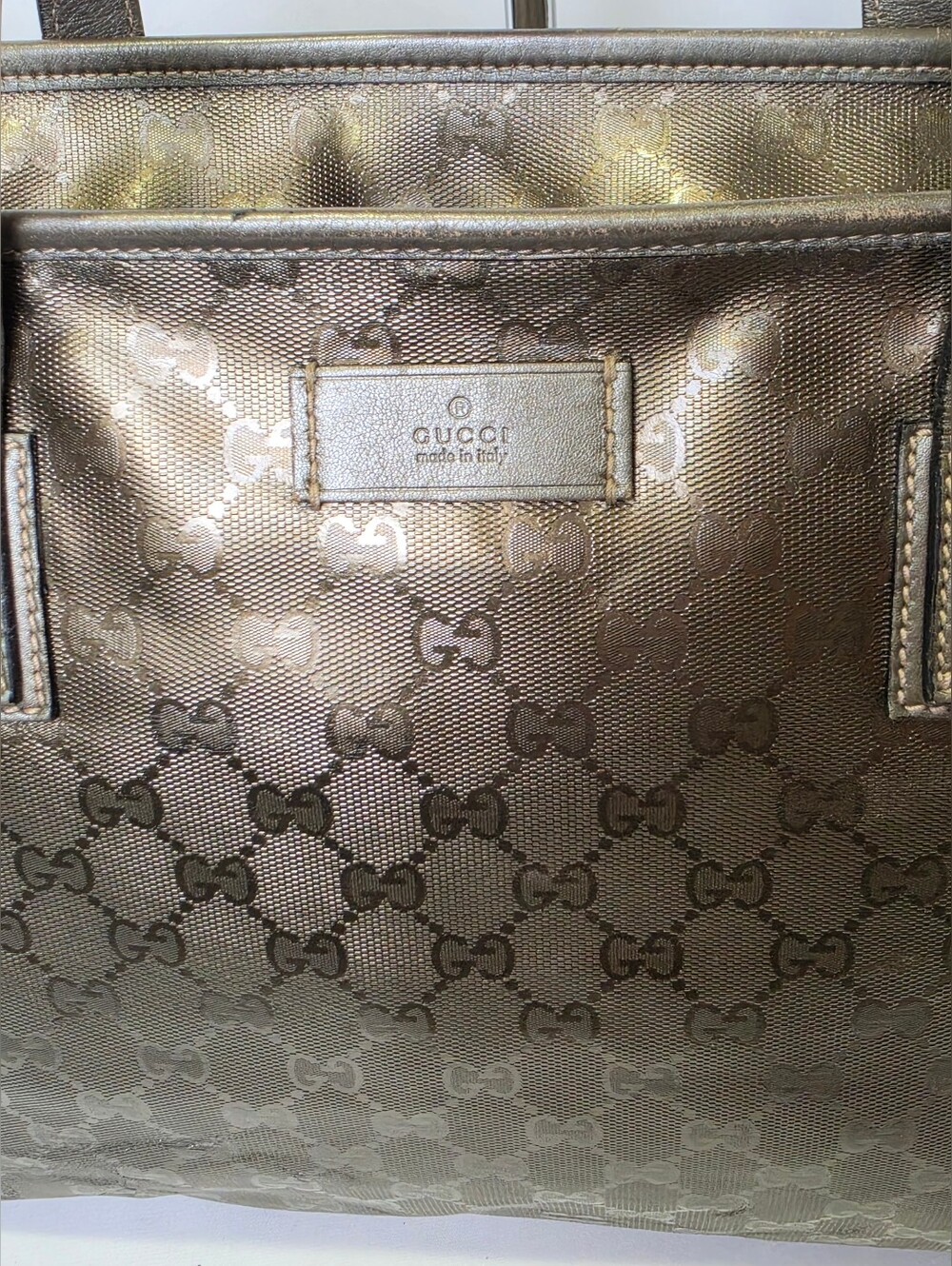 Authentic Gucci GG Imprimé coated fabric Leather Metallic Khaki Tote Bag Purse - Picture 2 of 14